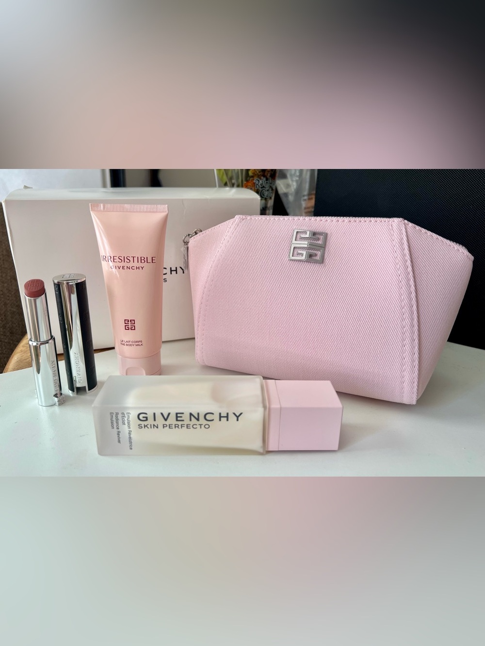 Givenchy Pink Cosmetic Pouch with Skin Perfecto, body cream & Lip Set
